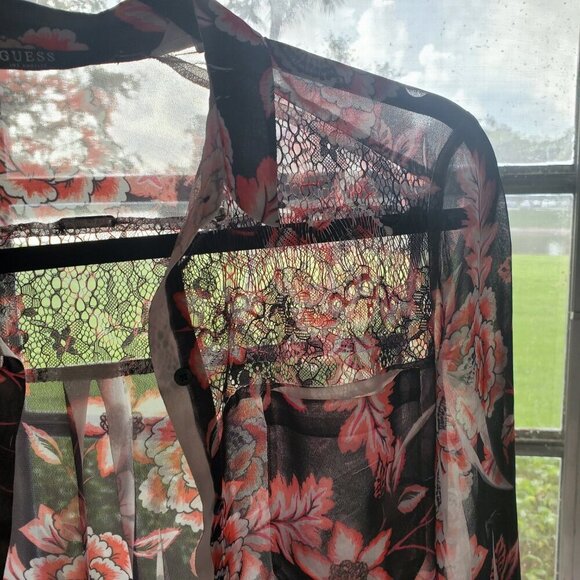 GUESS Nira Chiffon Semi Sheer Floral Rhinestone Detail Long Sleeve Button Down S - Picture 3 of 15